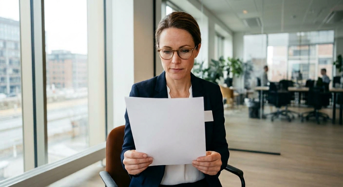 Kvinde læser jobkontrakt grundigt igennem før underskrift