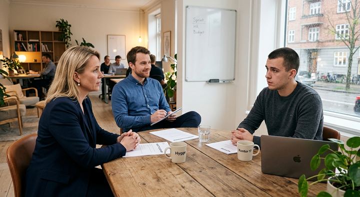 Kandidat i dialog med to ansættende ledere om kontraktvilkår