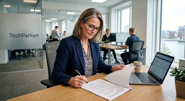 Leder gennemgår og underskriver et opsigelsesdokument på kontoret